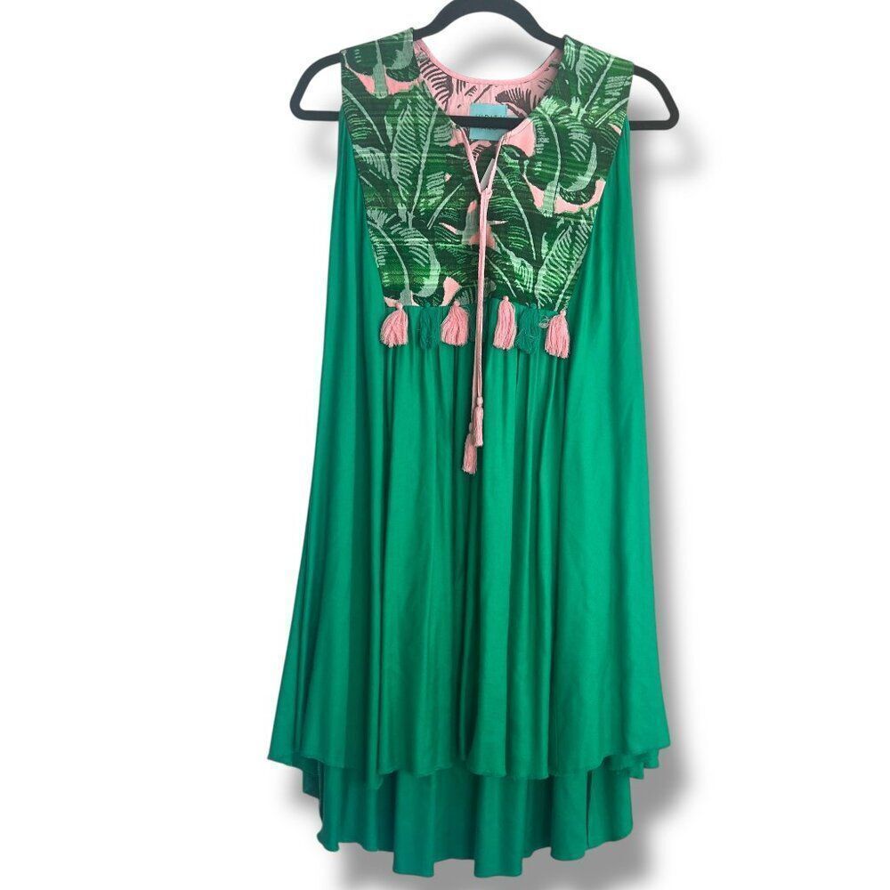 NEW Judith March Green Summer Beach Tropical Palm Pink Tassel Swing Dress Medium